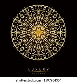 uxury golden mandala on black background, vintage elegant metal gold brown copper gradient flower texture ornament, decorative invitation card poster flyer brochure menu print template. Vector EPS 10.