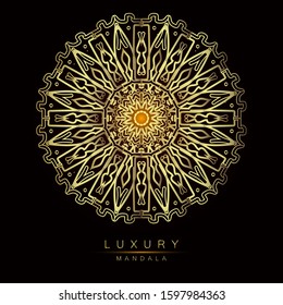 uxury golden mandala on black background, vintage elegant metal gold brown copper gradient flower texture ornament, decorative invitation card poster flyer brochure menu print template. Vector EPS 10.