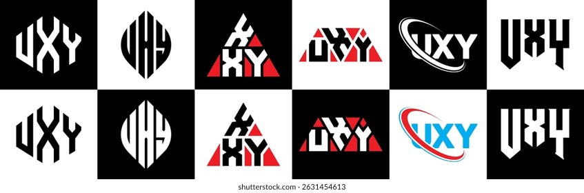 UXY letter logo design in six style. UXY polygon, circle, triangle, hexagon, flat and simple style with black and white color variation letter logo set in one artboard. UXY minimalist and classic logo