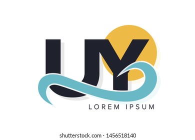 UY letter logo with ocean waves and sunset. Beach concept design