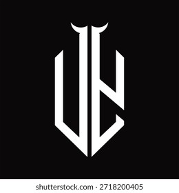 Monograma del logotipo de UY con la forma del cuerno aislada Plantilla de diseño blanco y negro sobre fondo negro