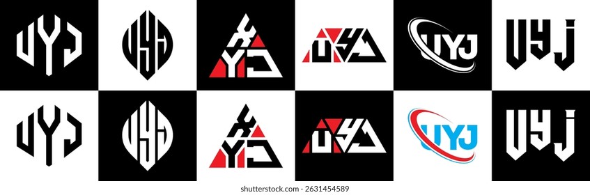UYJ carta logotipo design em seis estilo. Polígono UYJ, círculo, triângulo, hexágono, estilo simples e plano com logotipo de letra de variação de cor preto e branco definido em uma prancheta. UYJ minimalista e logotipo clássico