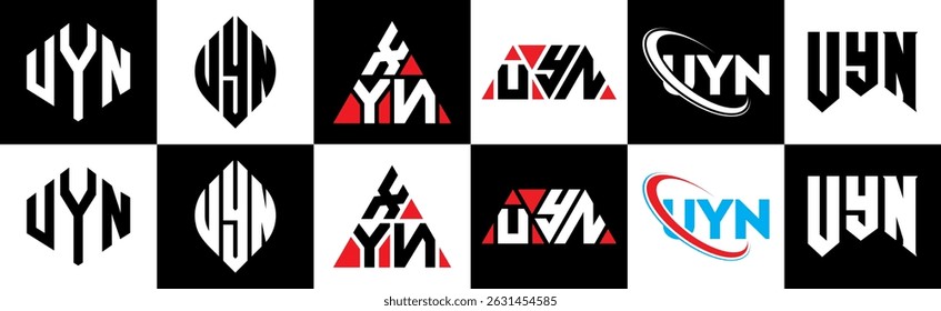 UYN letter logo design in six style. UYN polygon, circle, triangle, hexagon, flat and simple style with black and white color variation letter logo set in one artboard. UYN minimalist and classic logo