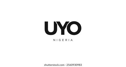 Uyo in the Nigeria emblem. The design features a geometric style, vector illustration with bold typography in a modern font. The graphic slogan lettering.