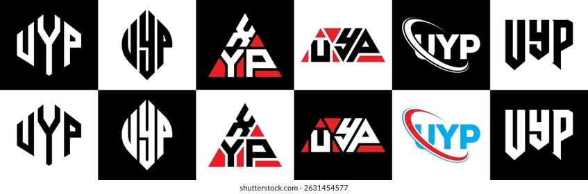UYP letter logo design in six style. UYP polygon, circle, triangle, hexagon, flat and simple style with black and white color variation letter logo set in one artboard. UYP minimalist and classic logo