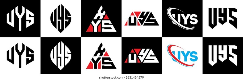 Diseño del logotipo de la letra de UYS en seis estilos. UYS polígono, círculo, triángulo, hexágono, estilo plano y simple con logo de letra de variación de color blanco y negro en una mesa de trabajo. Logotipo minimalista y clásico de UYS