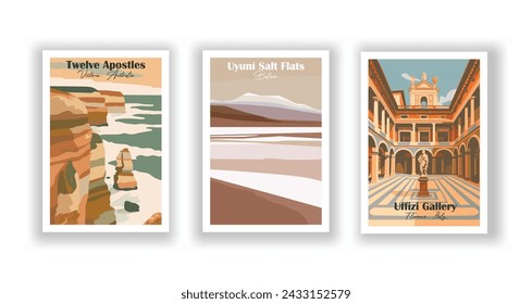 Salinas de Uyuni, Bolivia. Galería Uffizi, Florencia, Italia. Doce Apóstoles, Victoria, Australia - Set de 3 Carteles de Viajes Vintage. Ilustración vectorial. Impresiones de alta calidad