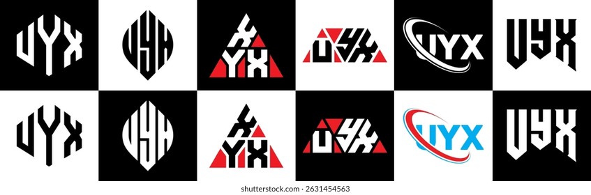 UYX letter logo design in six style. UYX polygon, circle, triangle, hexagon, flat and simple style with black and white color variation letter logo set in one artboard. UYX minimalist and classic logo