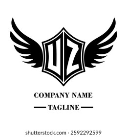 UZ bold shield logo with wings, customizable with letters A to Z. Perfect for brands seeking a powerful symbol of strength, freedom, and ambition