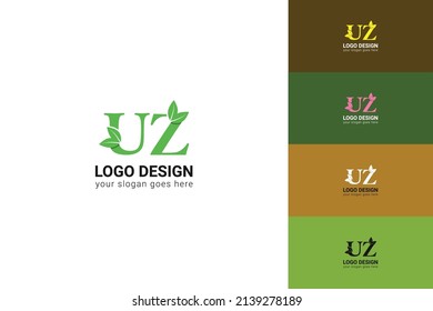 UZ letters eco logo with leaf. Vector typeface for nature posters, eco friendly emblem, vegan identity, herbal and botanical cards etc. Ecology UZ letters logo with leaf.