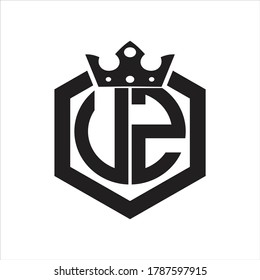UZ Logo monogram rounded by hexagon shape with crown design template on white background