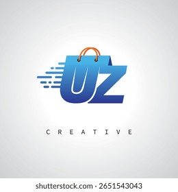 UZ Shopping Monogram – Entrega rápida Logotipo de comercio electrónico con el icono del bolso y la marca digital para la tienda en línea, venta al por menor e identidad logística
