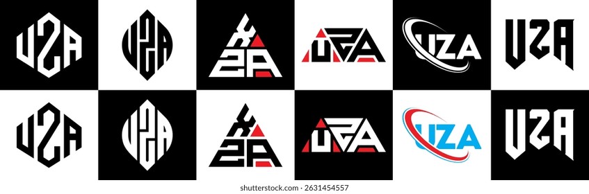 Design de logotipo de letra UZA em seis estilo. Polígono UZA, círculo, triângulo, hexágono, plano e estilo simples com logotipo de letra de variação de cor preto e branco definido em uma prancheta. Logotipo minimalista e clássico da UZA