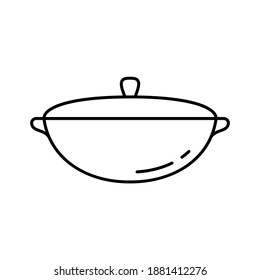 Uzbek cauldron. Linear icon of cast iron saucepan with lid. Black simple illustration of national dish for cooking pilaf. Contour isolated vector pictogram on white background