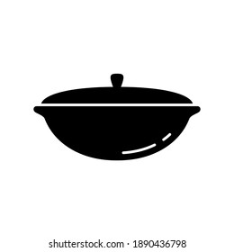 Uzbek cauldron. Silhouette icon of cast iron saucepan with lid. Black simple illustration of national dish for cooking pilaf. Outline isolated vector pictogram on white background