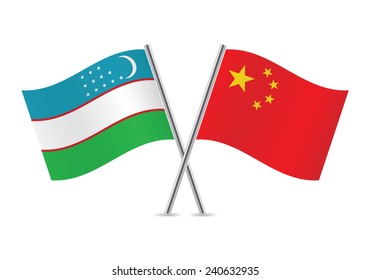 Uzbek and Chinese flags. Vector illustration.