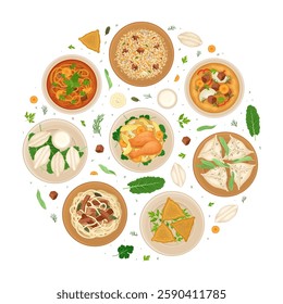 Uzbek Cuisine Dish and Meal Round Composition Vector Template