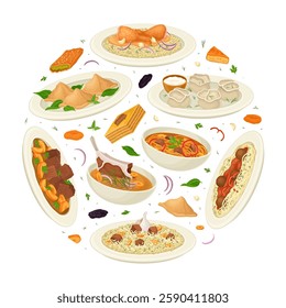 Uzbek Cuisine Dish and Meal Round Composition Vector Template