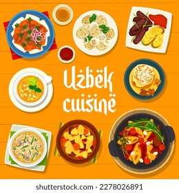 Uzbek cuisine menu cover with food dishes and meals of Uzbekistan, vector lunch and dinner. Uzbek cuisine national dishes beshbarmak, manti dumplings and lagman soup with vegetable lamb stew