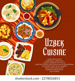 Uzbek cuisine menu cover for restaurant food dishes, vector Uzbekistan national meals. Uzbek cuisine dishes of beshbarmak, manti dumplings and lagman with lamb onion soup for lunch or dinner menu