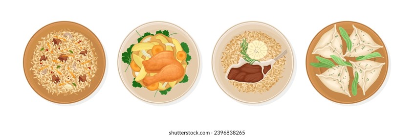 Uzbek Cuisine Traditional Dishes and Food Vector Set