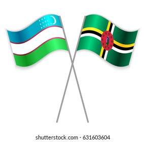 Uzbek and Dominican crossed flags. Uzbekistan combined with Dominica isolated on white. Language learning, international business or travel concept.