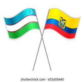Uzbek and Ecuadorian crossed flags. Uzbekistan combined with Ecuador isolated on white. Language learning, international business or travel concept.