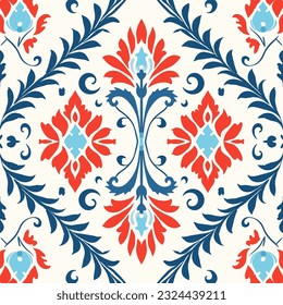 Uzbek floral motif ethnic ikat pattern beautiful background art. Folk embroidery textile fashion seamless pattern. Design for background, wallpaper, fabric, clothing, carpet, batik, embroidery.