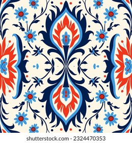 Uzbek floral motif ethnic ikat pattern beautiful background art. Folk embroidery textile fashion seamless pattern. Design for background, wallpaper, fabric, clothing, carpet, batik, embroidery.