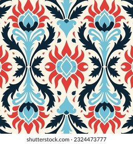 Uzbek floral motif ethnic ikat pattern beautiful background art. Folk embroidery textile fashion seamless pattern. Design for background, wallpaper, fabric, clothing, carpet, batik, embroidery.