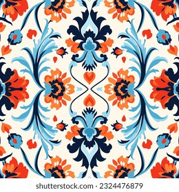 Uzbek floral motif ethnic ikat pattern beautiful background art. Folk embroidery textile fashion seamless pattern. Design for background, wallpaper, fabric, clothing, carpet, batik, embroidery.