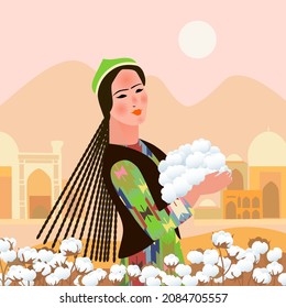 Uzbek girl with cotton on the background of nature and oriental architecture