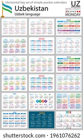 Uzbek horizontal Big set of pocket calendars for 2022 (two thousand twenty two). Week starts Monday. New year. Color simple design. Vector