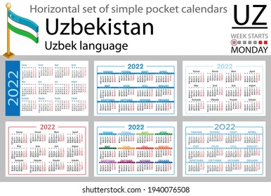 Uzbek horizontal set of pocket calendars for 2022 (two thousand twenty two). Week starts Monday. New year. Color simple design. Vector