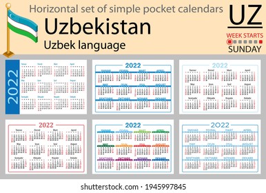 Uzbek horizontal set of pocket calendars for 2022 (two thousand twenty two). Week starts Sunday. New year. Color simple design. Vector