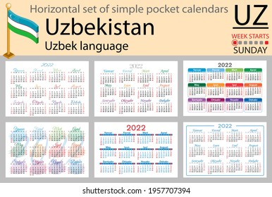 Uzbek horizontal set of pocket calendars for 2022 (two thousand twenty two). Week starts Sunday. New year. Color simple design. Vector
