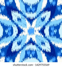 Uzbek ikat silk fabric pattern, indigo blue and white colors. Seamless geometric pattern, based on ikkat fabric style. Vector illustration. Carpet rug texture vector imitation.