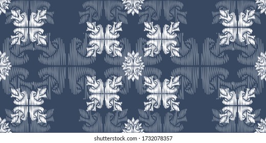 Patrón uzbeko de tela de seda ikat, motivo étnico azul índigo y blanco. Tite repit