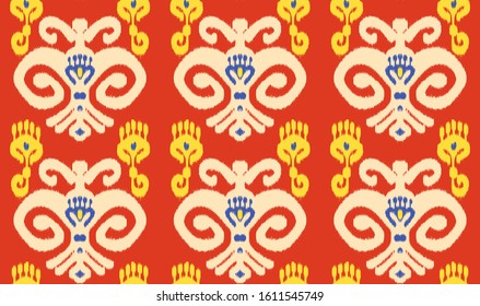 Uzbek or Indonesian Ikat Silk fabric style seamless pattern. Simple colorful boho ornamental decor for custom textile or background. Orange, beige, yellow, blue colors. Vector stock illustration.