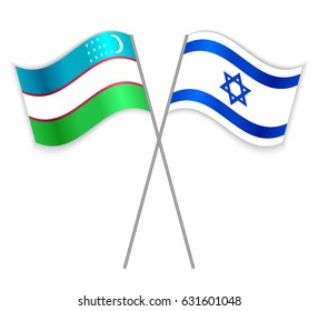 Uzbek and Israeli crossed flags. Uzbekistan combined with Israel isolated on white. Language learning, international business or travel concept.