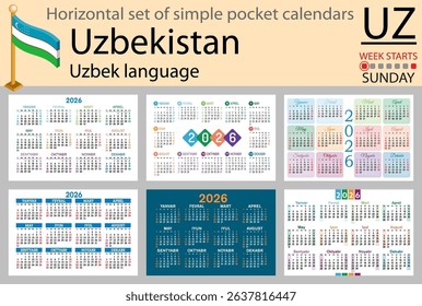 Uzbek language. Uzbekistan horizontal Set of pocket calendars for 2026 (Two thousand twenty six). Week starts Sunday. New year. Color simple design. Vector