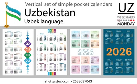 Idioma uzbeque. Uzbequistão vertical Conjunto de calendários de bolso para 2026 (Dois mil e vinte e seis). A semana começa na segunda-feira. Ano novo. Design simples de cores. Vetor