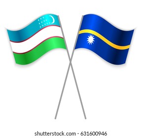 Uzbek and Nauruan crossed flags. Uzbekistan combined with Nauru isolated on white. Language learning, international business or travel concept.
