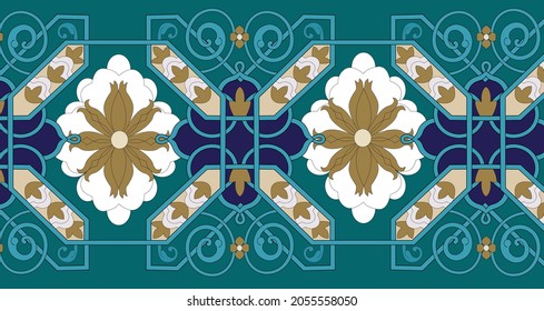 Uzbek pattern - cotton pattern, blue and cobalt background, patterns for architetecture design. 