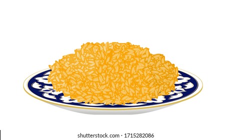 Uzbek rice pilaf lies in blue plates with a classic oriental pattern. Vector image.