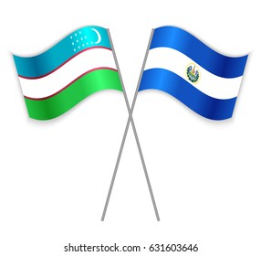 Uzbek and Salvadoran crossed flags. Uzbekistan combined with El Salvador isolated on white. Language learning, international business or travel concept.