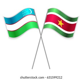 Uzbek and Surinamese crossed flags. Uzbekistan combined with Suriname isolated on white. Language learning, international business or travel concept.
