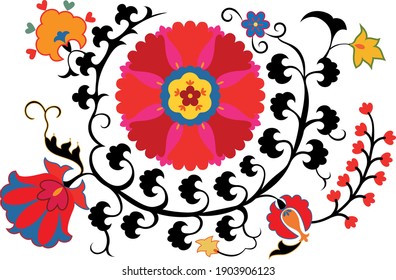 Uzbek suzani national ornament, Vector floral seamless pattern