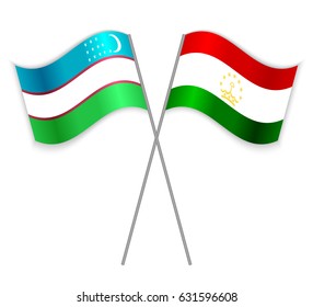 Uzbek and Tajikistani crossed flags. Uzbekistan combined with Tajikistan isolated on white. Language learning, international business or travel concept.