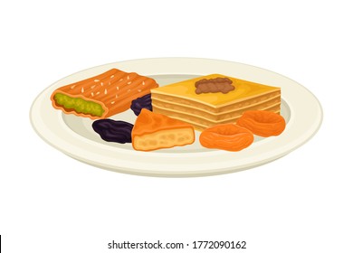 Uzbek Traditional Dessert with Dried Fruits and Oriental Sweets Rested on Plate Vector Illustration
